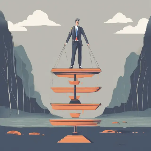 An investor teetering on two scales: one labeled