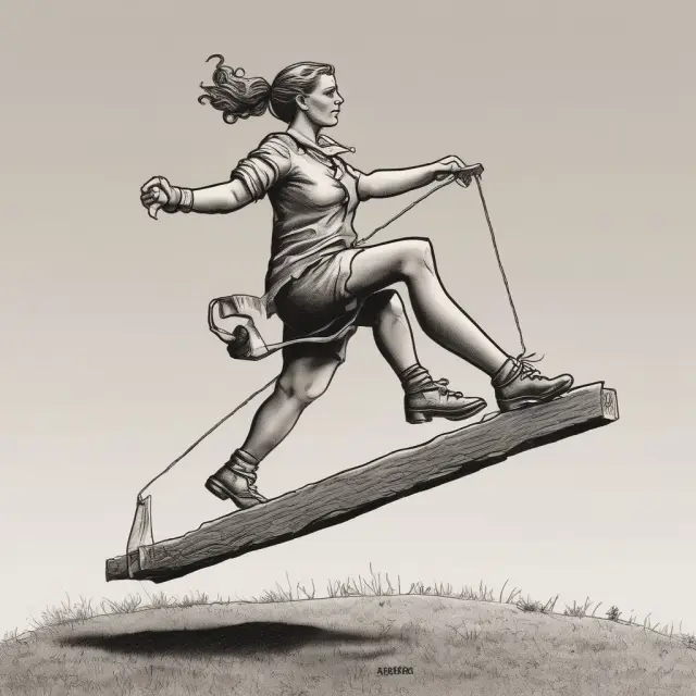 Sheila on a seesaw: one side shows her $50,000 cash investment, while the other side depicts her $50,000 margin debt; as stock prices rise or fall, she balances her risk and reward