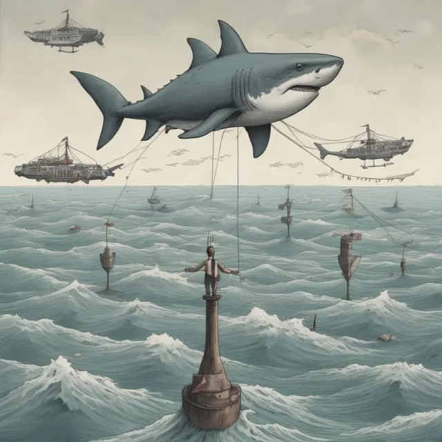 Image of a person walking on a tightrope above a sea of securities, with interest-bearing sharks below, representing the risks of margin accounts and potential losses