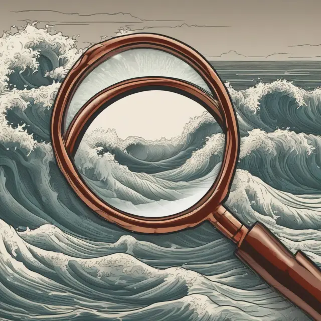 A magnifying glass hovering above stock market waves, representing the exploration and implementation of margin account strategies
