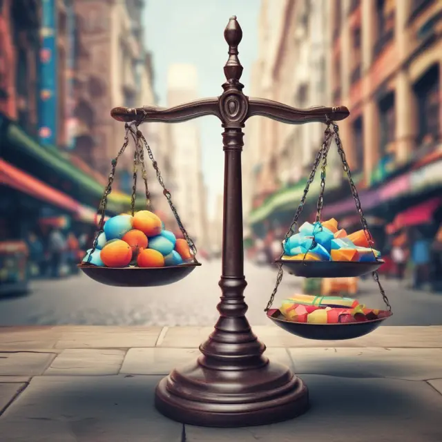 A lively market scene with scales balancing the marginal cost vs. benefit of various business decisions