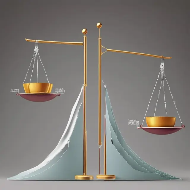 Two scales representing marginal cost and marginal revenue balanced atop a mountain peak to maximize profit