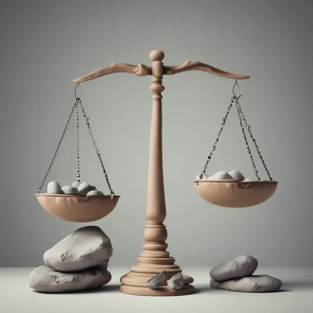 Scale depicting marginal profit concept: One side represents revenue, the other, costs. When revenue (stones) outweighs costs, profit maximization is achieved.