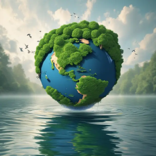An illustration of Keynesian Economics: A globe with imported goods as green leaves flowing from a rising economic river, representing Marginal Propensity to Import (MPM)