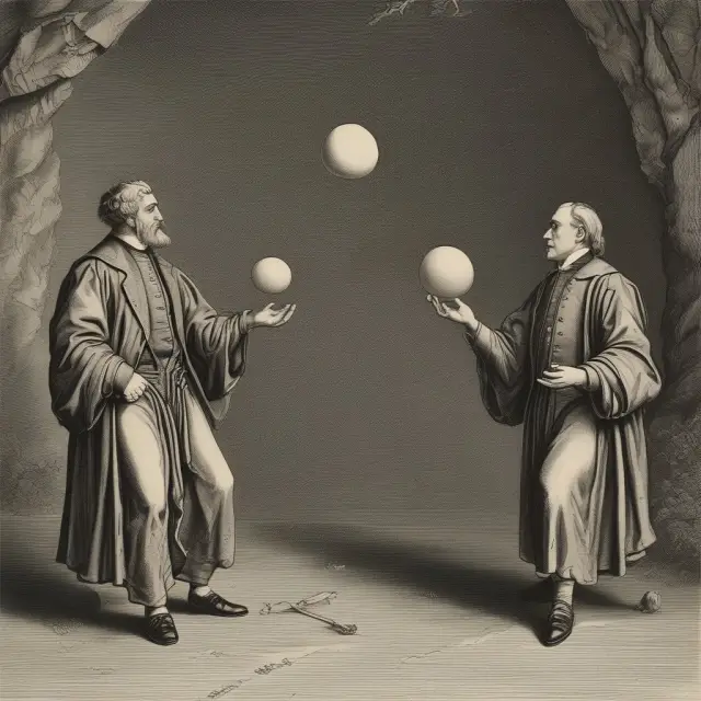 Two jugglers sharing orbs representing the ideas of John Bates Clark and Knut Wicksell, illustrating the foundation of marginal revenue product theory.