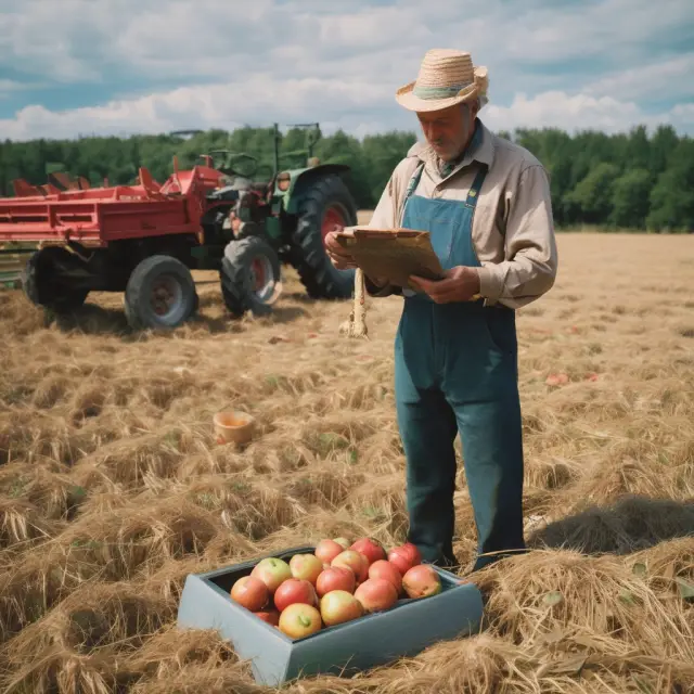 Farmer evaluating MRP of tractor purchase using an apple scale, symbolizing potential profit from wheat production