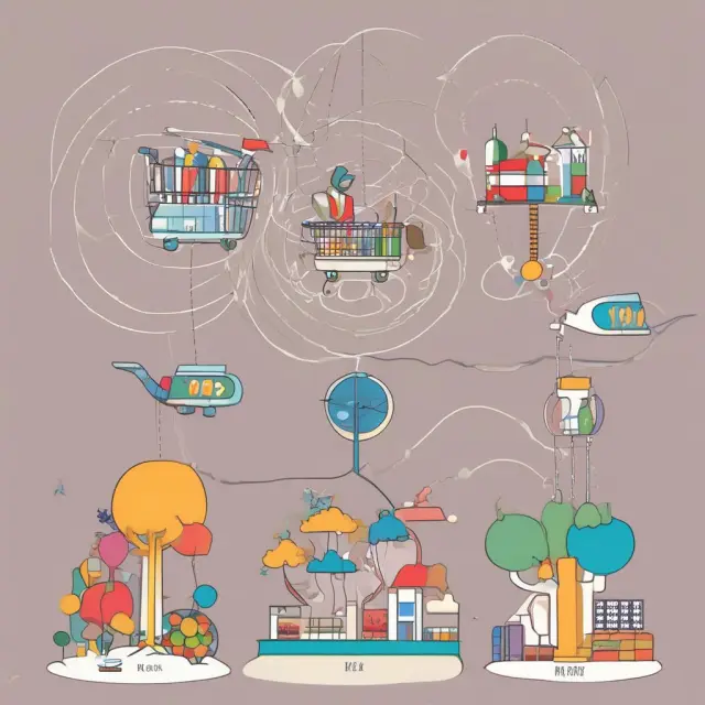 An intricate landscape of interconnected spheres, each symbolizing a good. Consumers