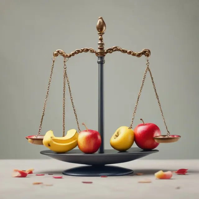 A balance scale depicts apples and bananas while the ratio between their marginal cost rates shifts, symbolizing calculating the Marginal Rate of Transformation.