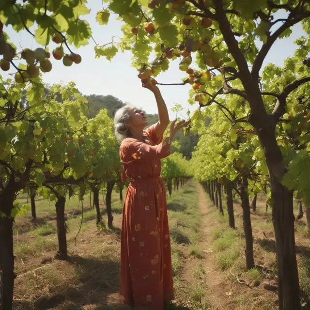 An image displaying an abundant grapevine symbolizing production possibilities, with a consumer at the edge choosing fruits representing the marginal rate of substitution