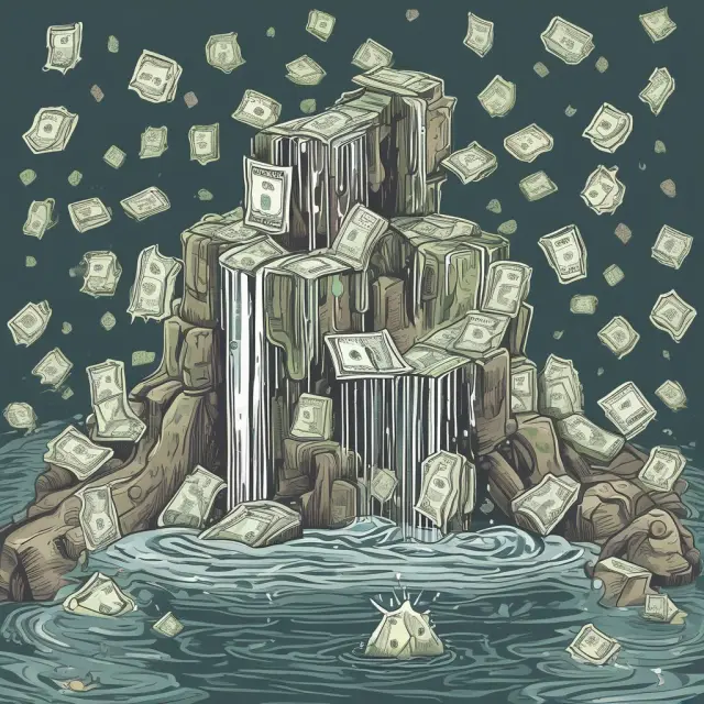 An image of a waterfall pouring money into various consumption options, reflecting how marginal propensity to consume (MPC) influences how much additional income is spent versus saved