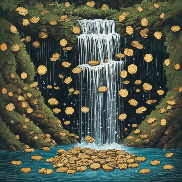 A waterfall of coins symbolizing income, causing ripples of increasing consumption in a macroeconomic context