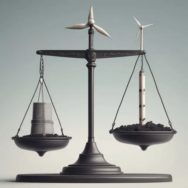 Balance scale comparing the impact of a coal plant (private cost) versus a wind turbine (marginal social cost), illustrating how externalities can influence cost calculations