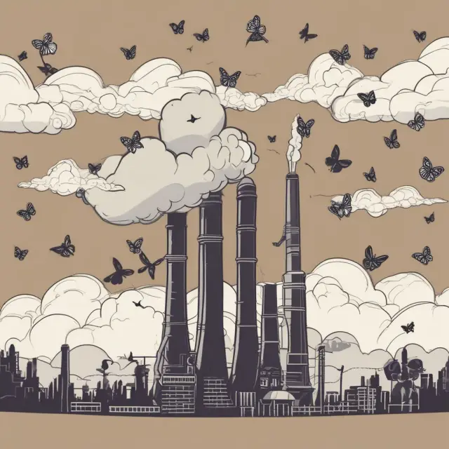 A coal power plant emitting beautiful butterflies instead of smoke, representing minimized marginal external costs and social benefits