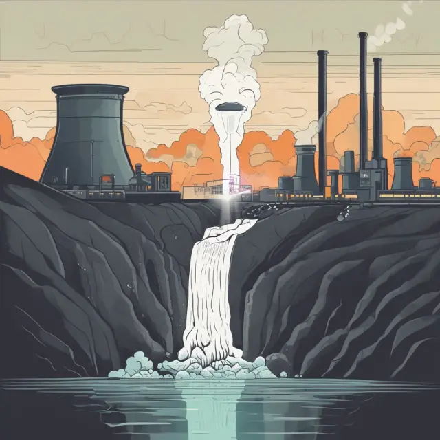 A coal power plant releasing pollutants into a river while an hourglass leaks, symbolizing negative externalities and marginal social costs