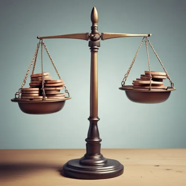 A balanced seesaw representing the economy. Fixed costs represented by a heavy stone on one side, while variable costs are symbolized by smaller stones that shift as production increases.