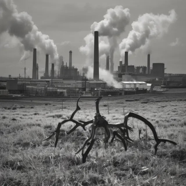 An animated wind with feathers representing marginal social costs, measuring factory emissions and externalities