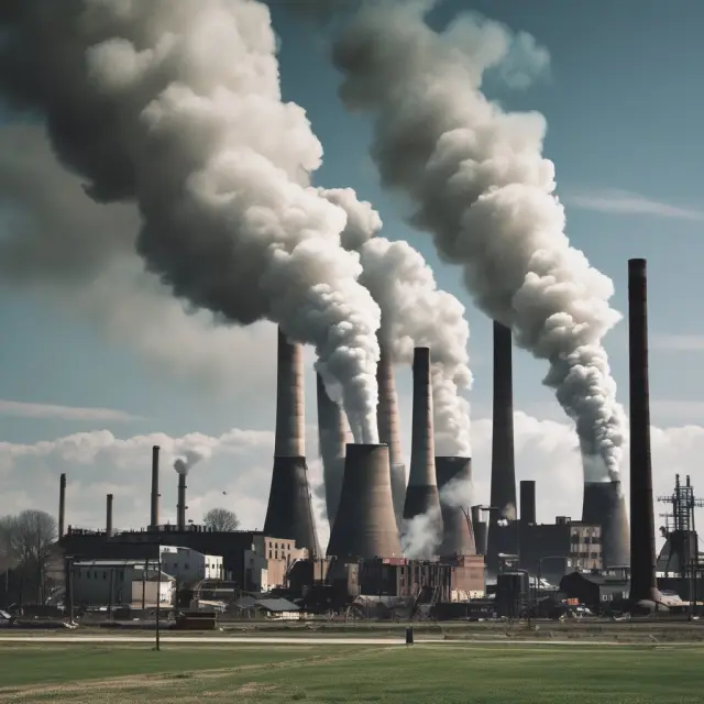 A coal power plant with billowing smoke contrasted against a prosperous residential area signifying the impact of marginal social cost on finance and investment