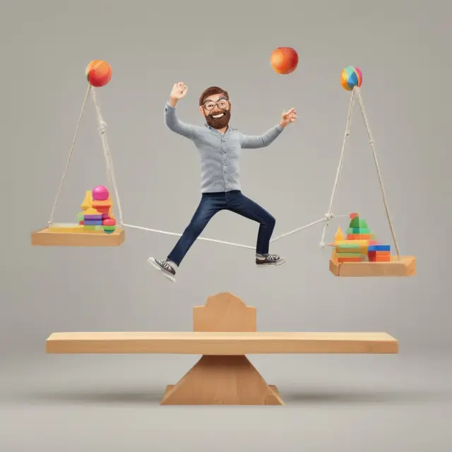 A consumer balancing on a seesaw, representing marginal utility as they compare the satisfaction gained from various goods.