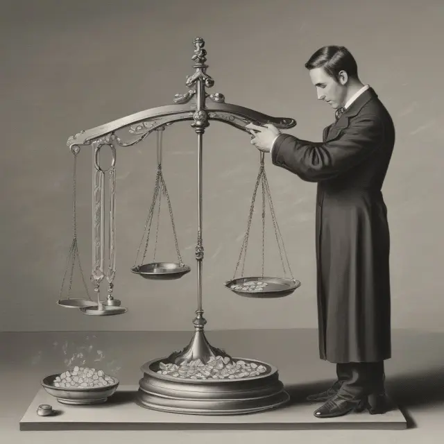 Man assessing marginal utility of diamonds and water through a balanced scale