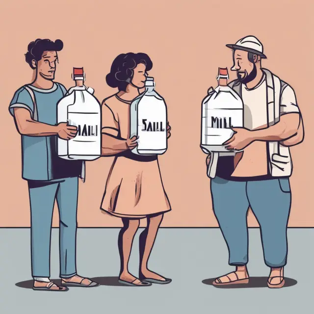 An image of two individuals with milk gallons. One is satisfied and holds up a fifth gallon, while the other looks unsure with six.