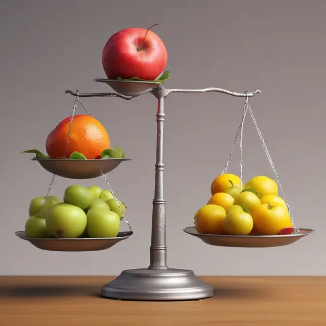 Scales filled with apples representing marginal utility, with additional apples added to demonstrate total utility.