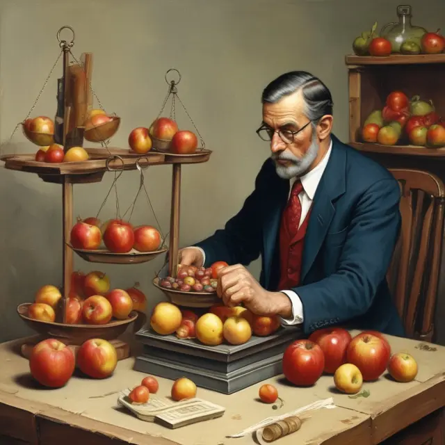 Economist calculating marginal utility with apples on a balance scale