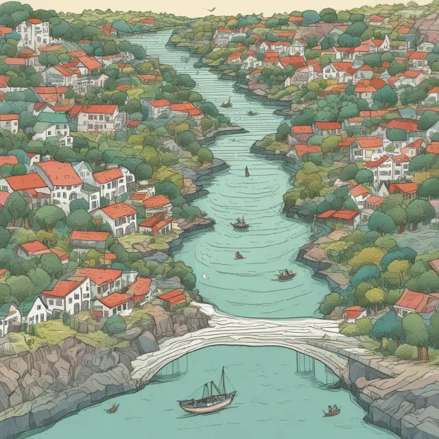 A serene river representing marginal utility, meandering through diverse terrains symbolizing various economic sectors and industries
