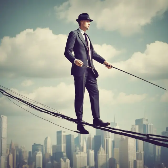 An investor standing precariously on a tightrope, balancing the margin equity on one side with the required maintenance margin on the other.