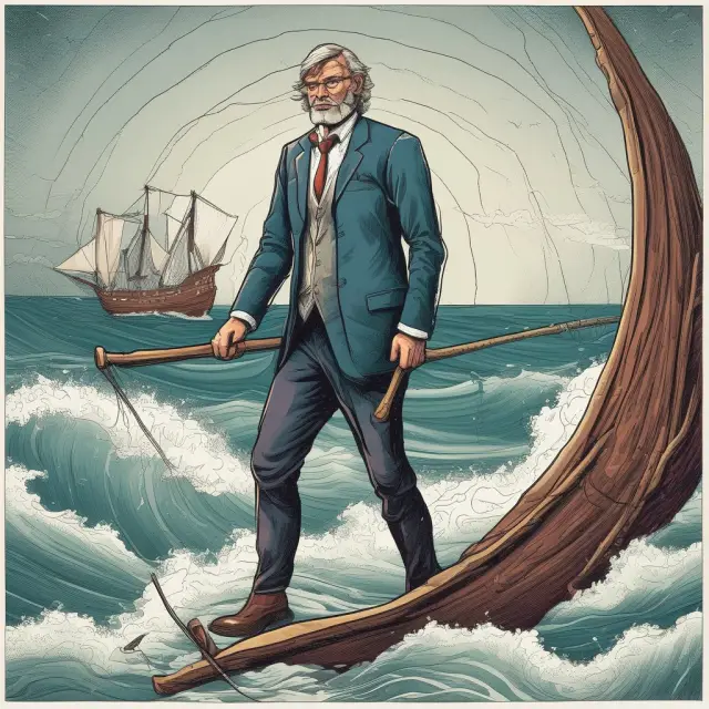 An investor sailing through turbulent market waves, steering their boat using a compass labeled 