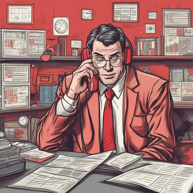 A broker holding a red phone, surrounded by volatile stock market graphs, signaling an impending margin call