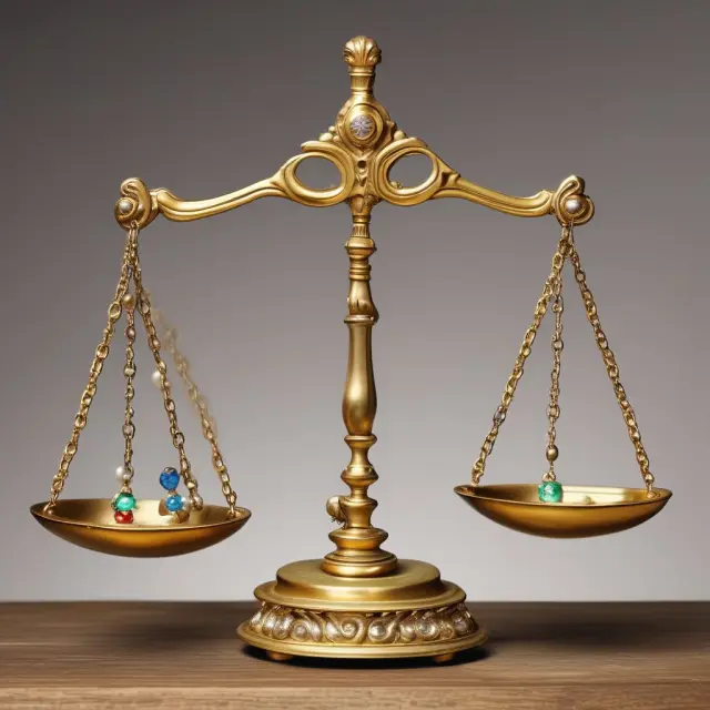 Golden margin on a balance scale holds valuable gems (benefits) and precarious pearls (limitations), representing the advantages and risks of Margin of Safety investment strategy
