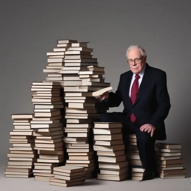 Warren Buffett studying company intrinsic values, with a discounted stack indicating the margin of safety.