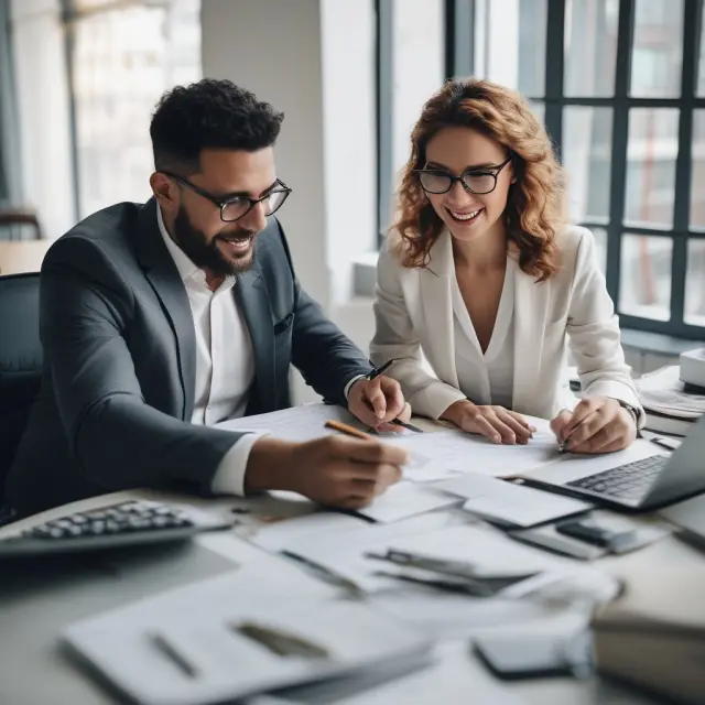 A wealthy couple reviewing tax implications of dividing marital property, using calculators for capital gains taxes and income taxes