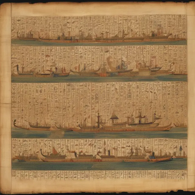An image of ancient Egyptian papyrus scrolls depicting maritime law history unfurling from the Nile River, symbolizing its origin and evolution through various civilizations.