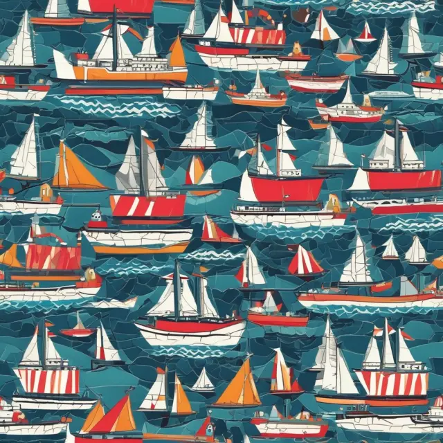 A vibrant seascape with ships displaying different flags of convenience creating an intricate mosaic pattern, symbolizing the complexities of maritime law jurisdiction.
