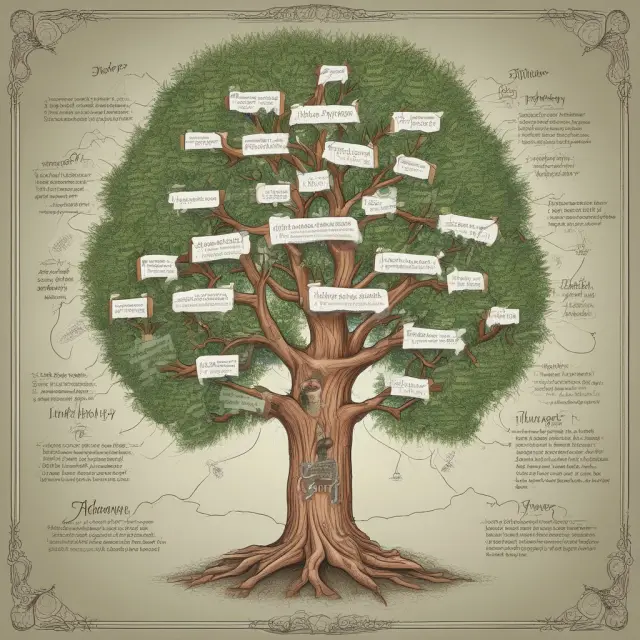 An ornate tree laden with apples, each one labeled with a FAQ question about Mark Zuckerberg and Facebook.