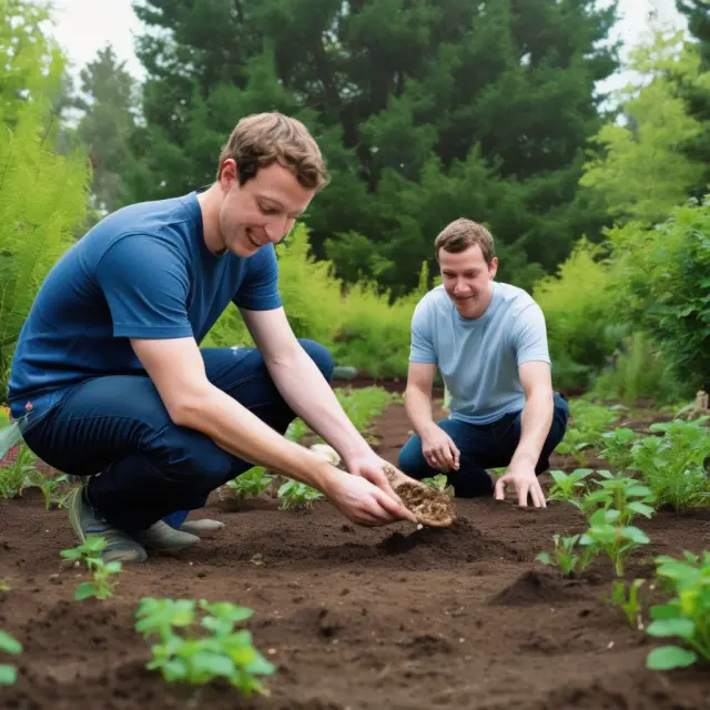 Mark Zuckerberg planting seeds representing acquisitions (Instagram, WhatsApp) and growing a digital garden (Facebook).