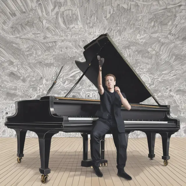 Mark Zuckerberg playing a grand piano, creating ripples of innovation in the tech industry