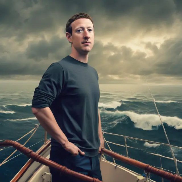 Mark Zuckerberg on a boat amidst turbulent waters, symbolizing Facebook
