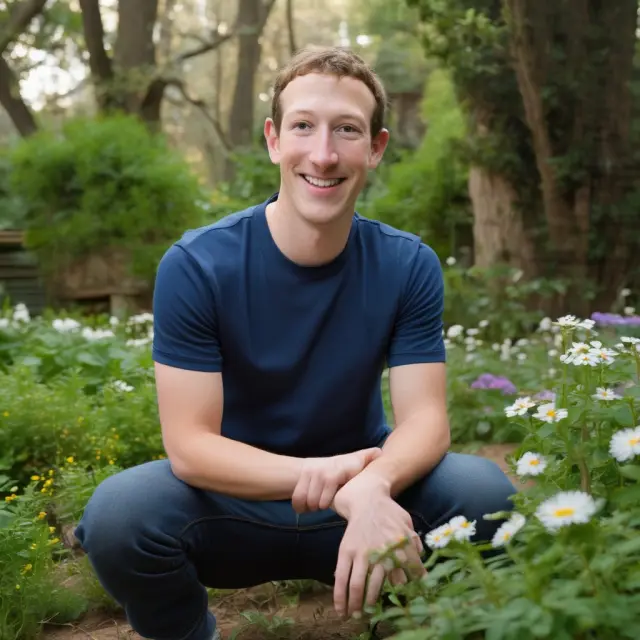 Mark Zuckerberg tending to a garden filled with budding flowers representing Facebook