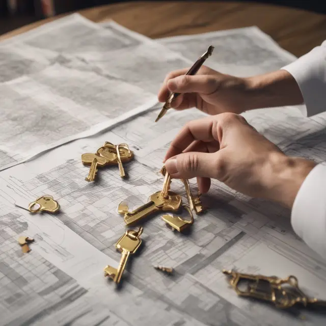 An appraiser carefully examines golden keys on a mountain of market data, surrounded by charts and maps representing real estate comparables.