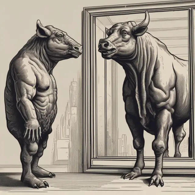A bull and bear market, personified as emotional figures, face a mirror reflecting economic theory symbols