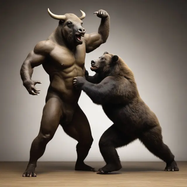 A market scene featuring a supply-side bull engaging with a demand-side bear while human emotions hover above, illustrating the balance and complexity of market dynamics.