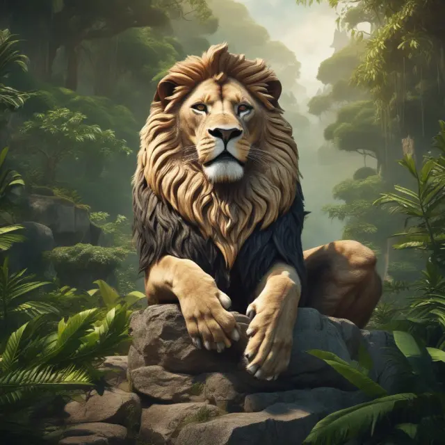 A regal lion symbolizing market leadership presides over a jungle, influencing industry trends and shaping the competitive landscape.