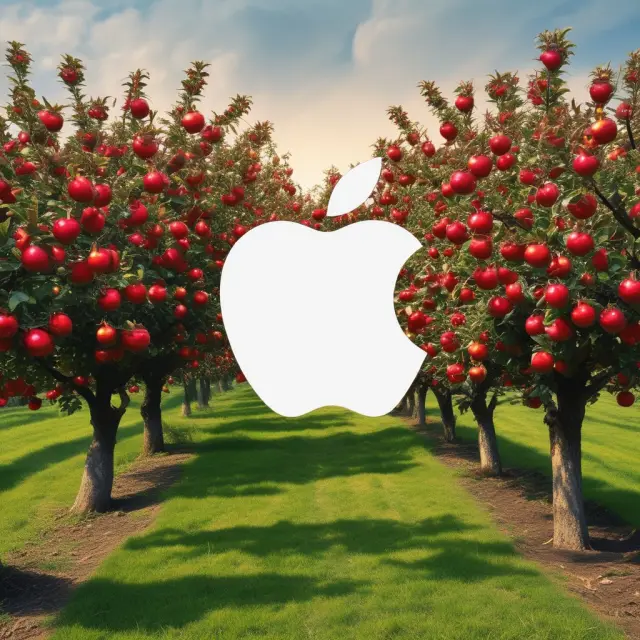 Apple as a golden orchard and Amazon as a colossal fortress symbolizing innovation and dominance in their respective industries