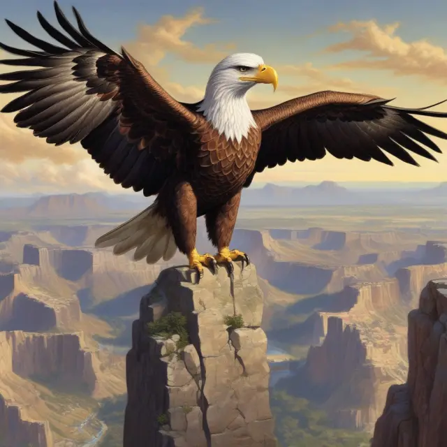 A regal eagle perched atop a mountain, overlooking competing birds, symbolizing market leadership and vigilance