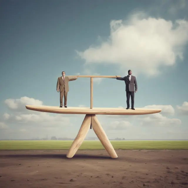 A seesaw symbolizing the balance between consumer needs and business ethics in a vibrant market setting.
