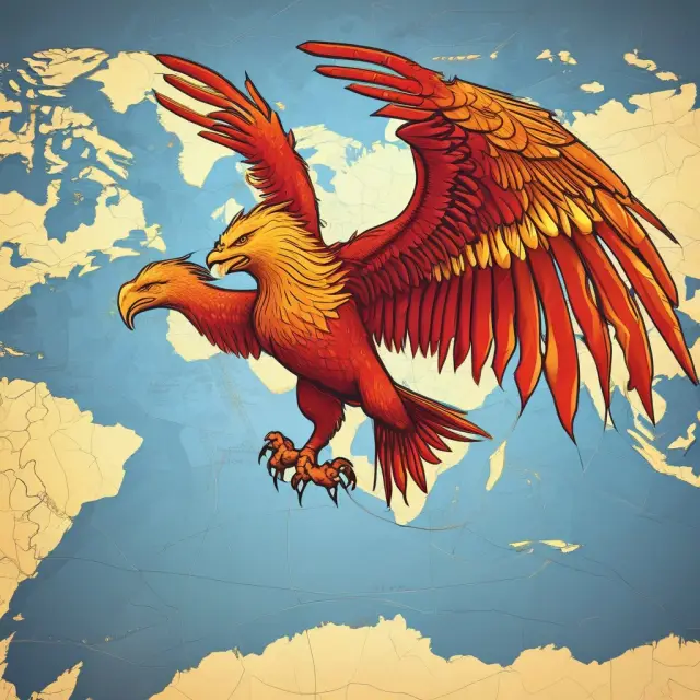 A mythical phoenix emerging from a detailed world map to represent business growth by expanding into new markets