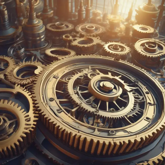 An intricate machine made of interconnected gears represents research and development, generating new product innovations.