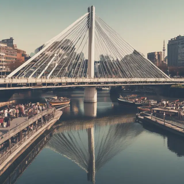 An intricately designed wooden bridge spanning two continents, connecting diverse markets and illustrating the process of expanding into new geographies